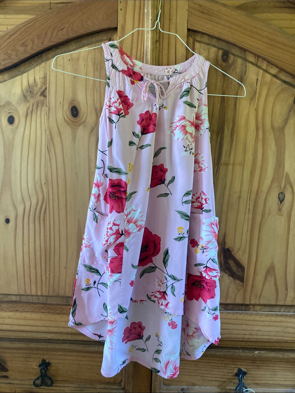 Girls Old Navy pink red flowers high low sleeveless sun dress size S (6-7)